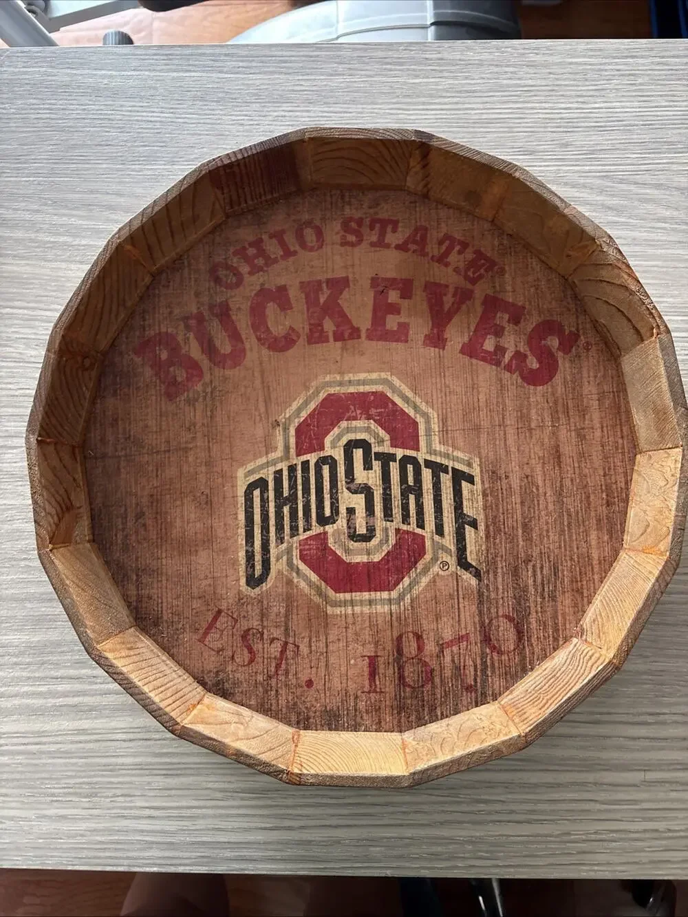 Ohio State Buckeyes Rustic Wooden Barrel Style Serving Tray College Licensed 16”